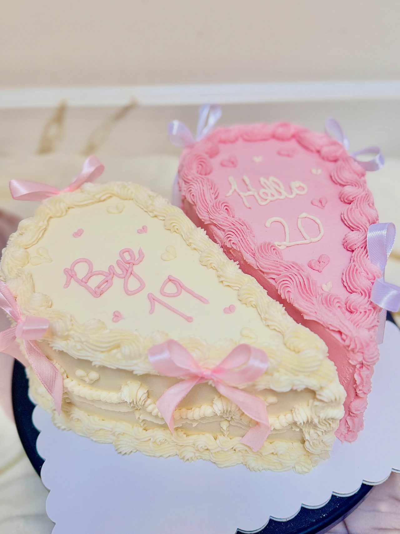 Pink and white split heart cake