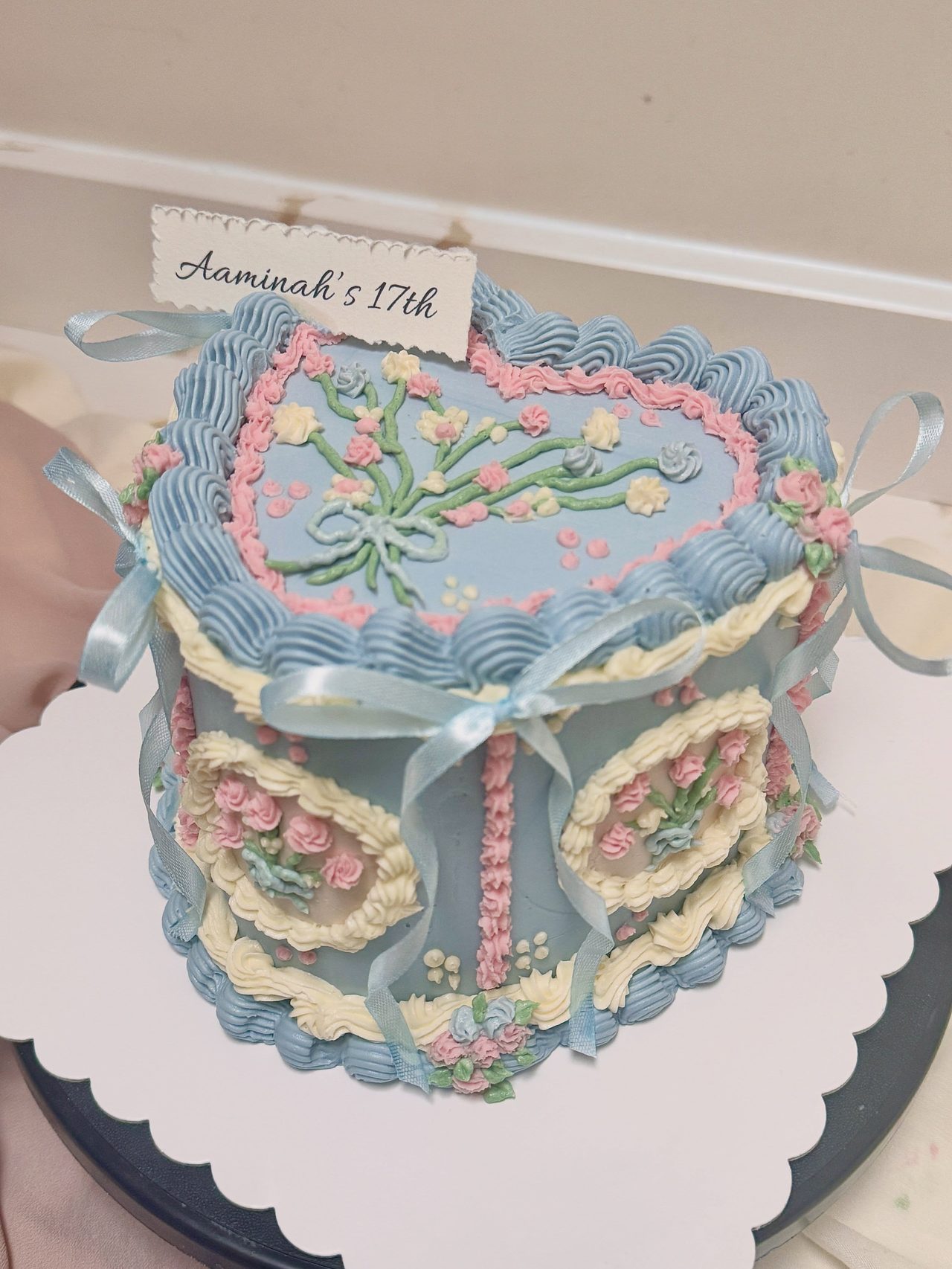 Blue vintage heart birthday cake